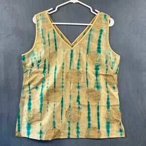 Julie Miles Blouse Women's Medium Gold Green Embossed Floral Sleeveless Princess